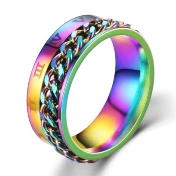 MoonFlowerBtq Jewelry - Rainbow Roman Numeral Chain Spinner Ring | Stress Relief Fidget Band | Stainless